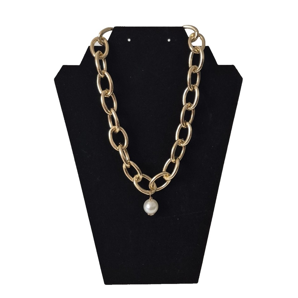 Gold Tone Large Cable Link Necklace with Chunky Faux Pearl‎ Dangle Pendant